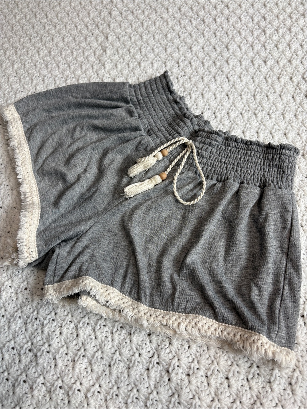 No Boundaries Gray Smocked Waist Athletic Shorts with Tassels Fringe Juniors M !